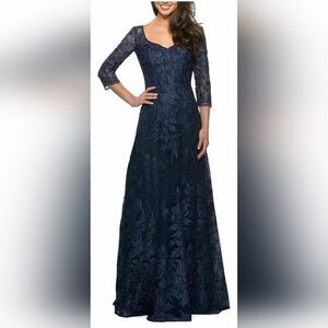 La Femme 28053 Floral Embroidered Mesh A-Line Gown Navy Women's Size 8 NWT Blue